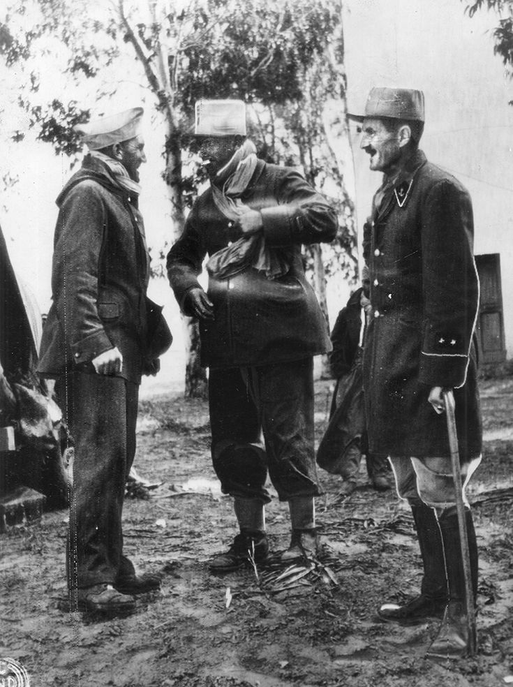 Leclerc, right, meets with two colonial Free French officers after a 2,000-mile desert journey from Chad to Tripoli, February 1943. Leclerc would soon depart for Britain to take command of the 2nd French Armored Division. 