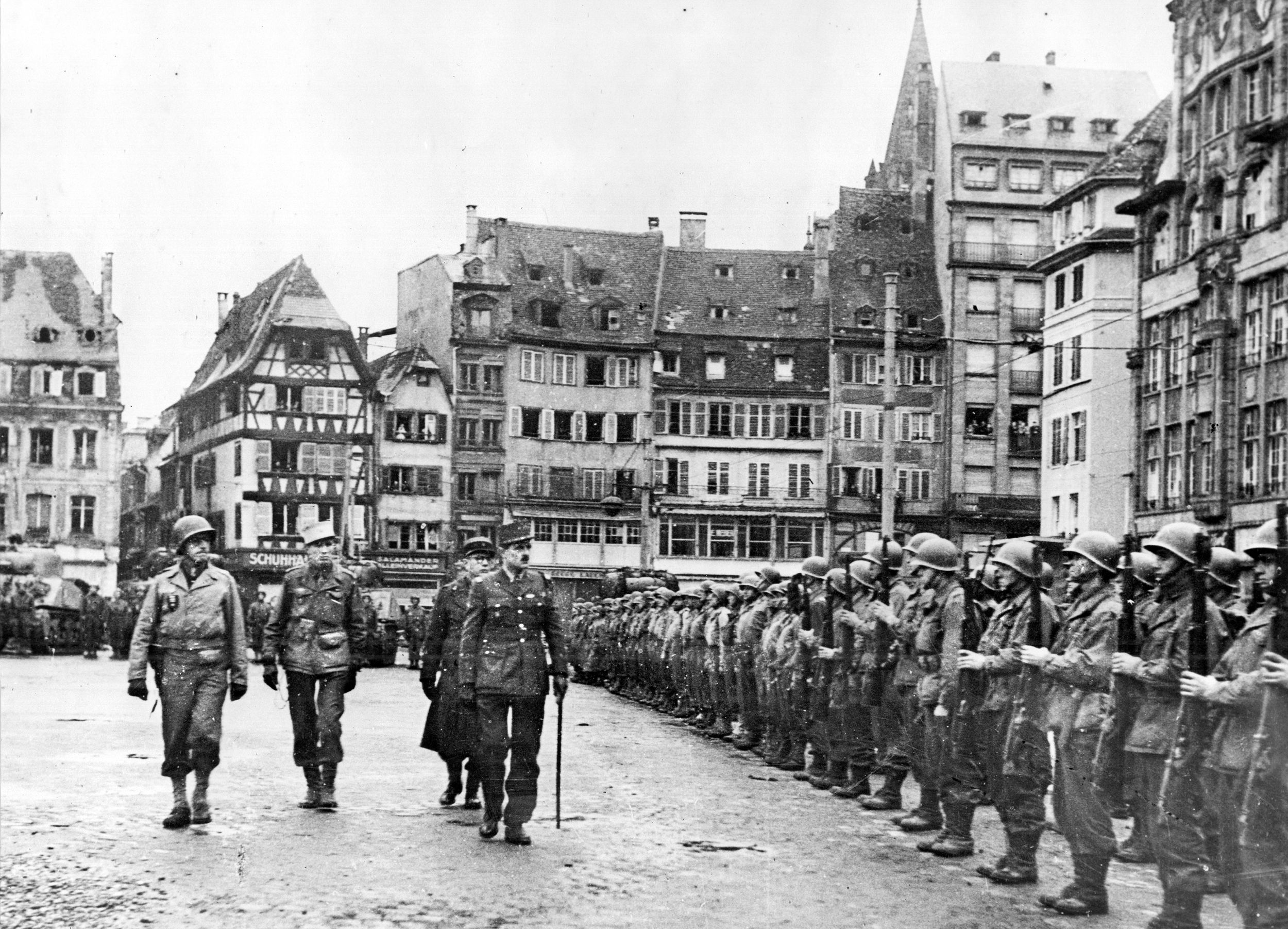 Leclerc, center, reviews his U.S.-uniformed troops in Strasbourg's Place Kléber on November 23, 1944. His armored division had just liberated the Alsatian capital from the Germans.