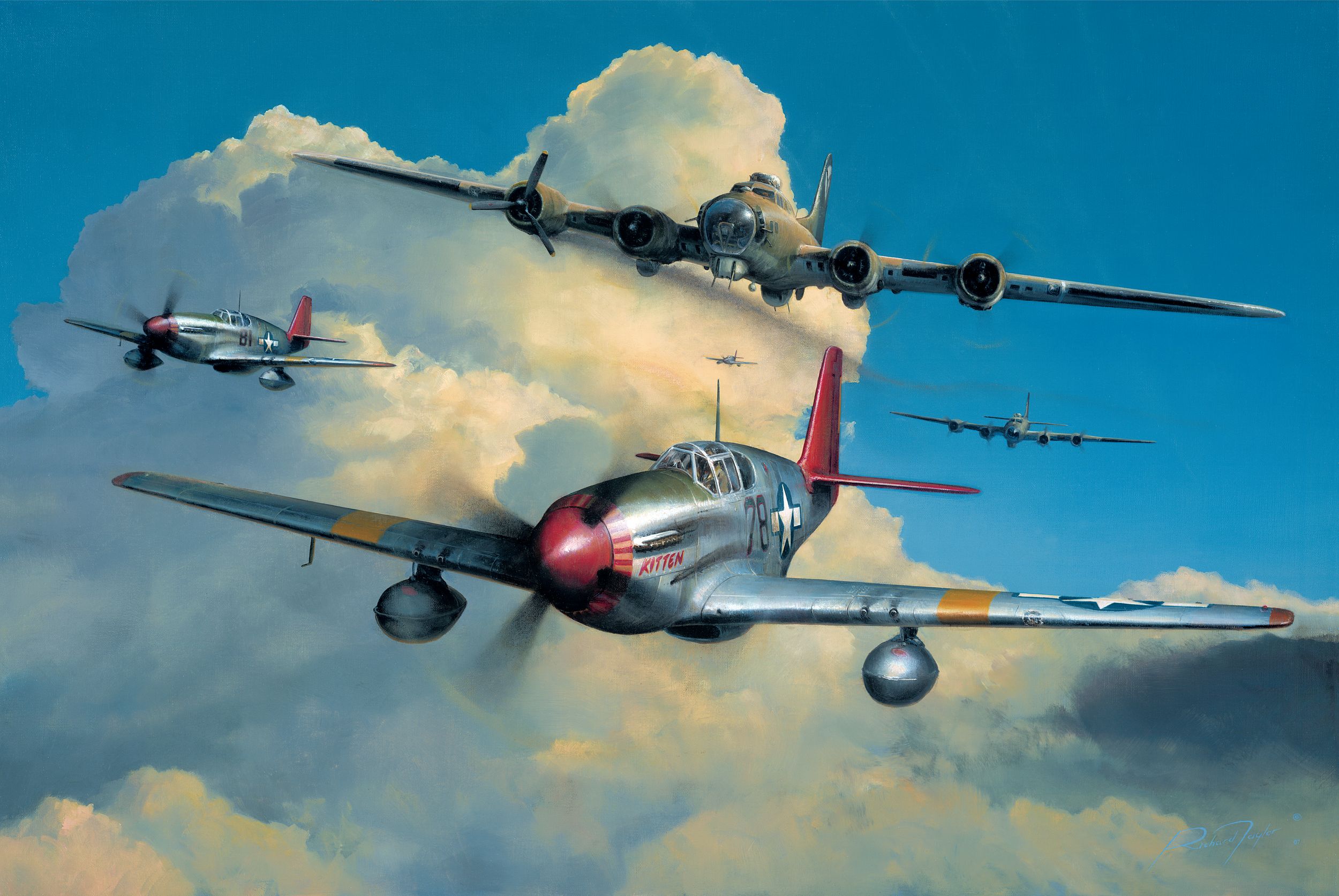 In Richard Taylor’s striking new painting, the Tuskegee “Red Tail” pilots of the 332nd Fighter Group are shown escorting a damaged B-17 Flying Fortress of the 483rd Bomb Group to its home base in Italy, summer 1944. Skin color made no difference to the bomber pilots when their “little friends” came up to escort them on their bombing missions.
