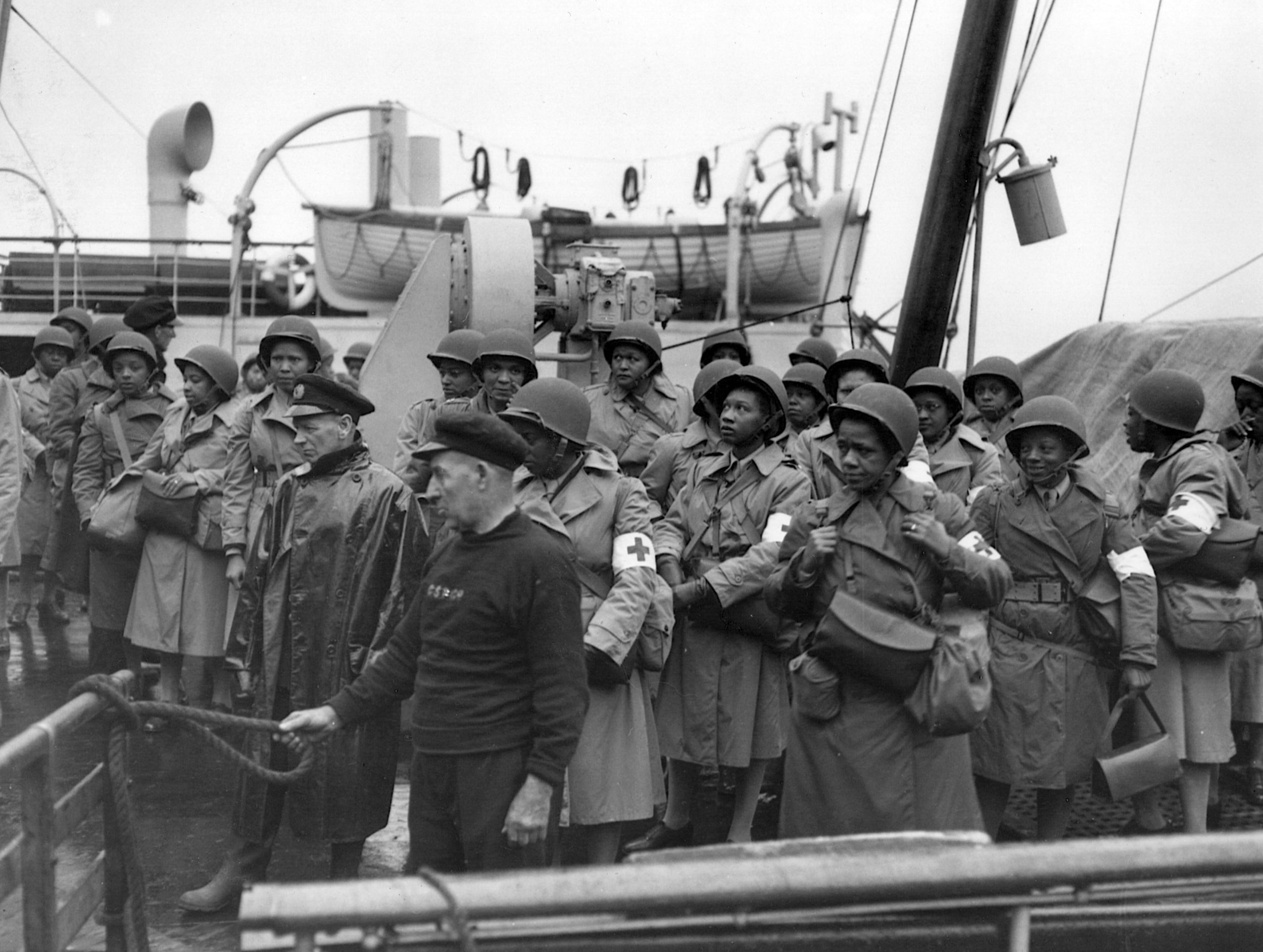 U.S. Army nurses prepare to disembark from their transport in Greencock, Scotland.