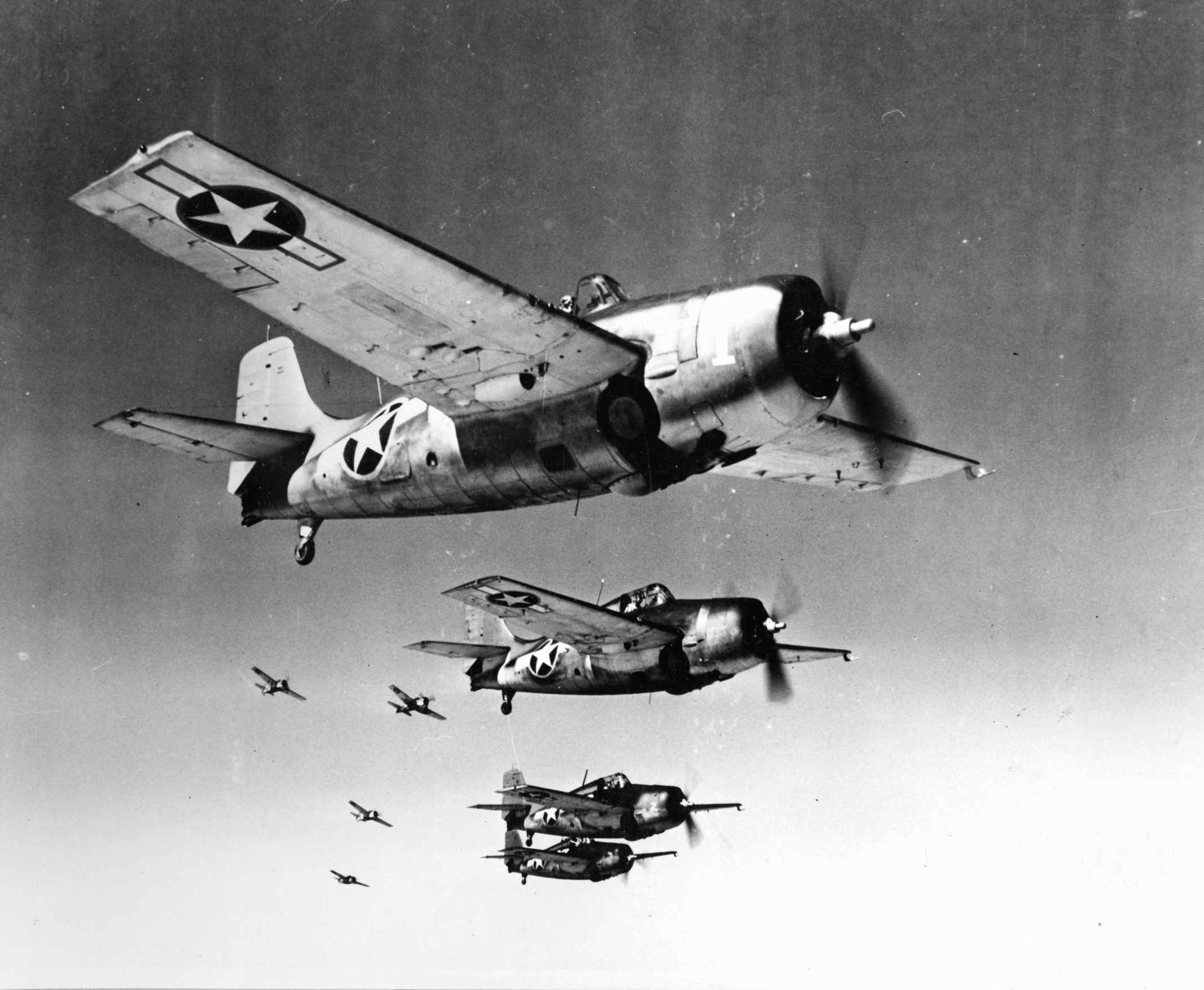 Wildcat fighters fly in formation in the South Pacific on September 22, 1943. Although the Grumman F4F was not as nimble as its Japanese Zero adversary, it was well armored and packed a heavy punch with .50-caliber machine guns. 
