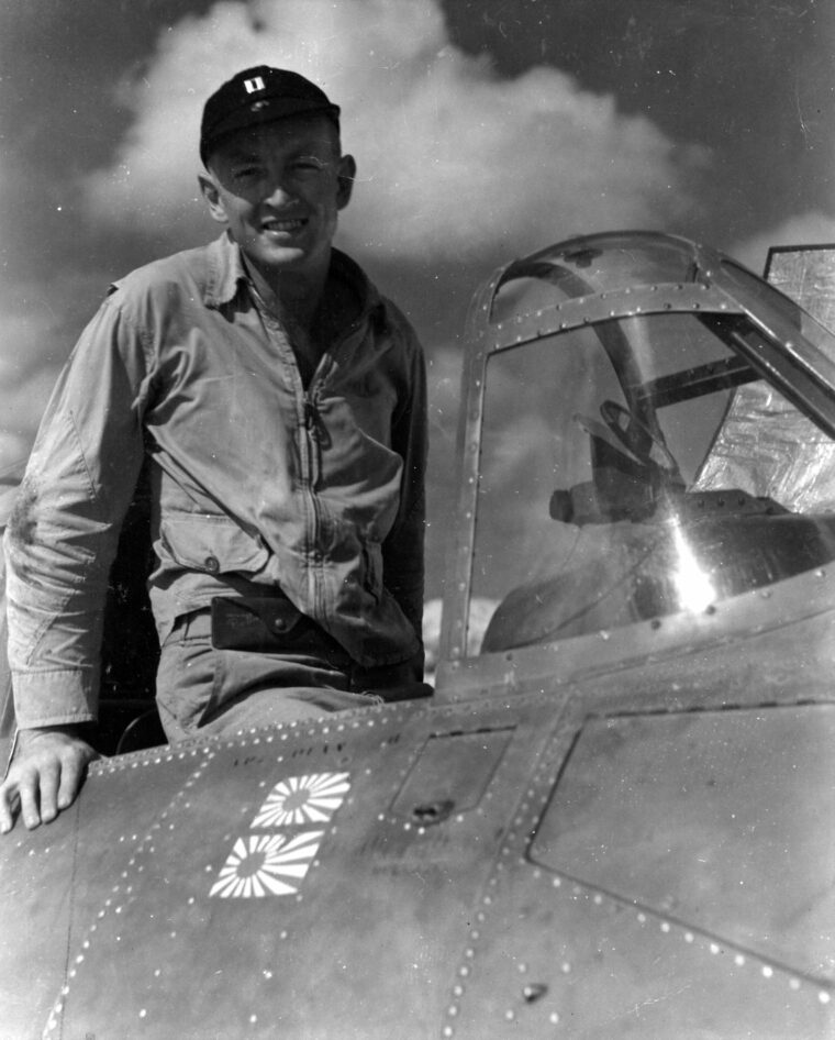 Captain William P. Boland poses in the cockpit of his Wildcat at Funafuti, August 9, 1943. His VMF-441 squadron was one of the last to fly the Wildcat in combat.