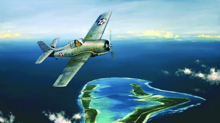 In this painting by war artist Jack Fellows, Grumman F4F Wildcat fighter pilot Henry T. “Hammerin’ Hank” Elrod scans the skies above Wake Island for Japanese aircraft on the morning of December 12, 1941. The defenders of Wake Island were among the first American heroes of World War II.