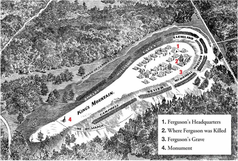 This “Diagram of the Battle of King’s Mountain,” shows the 1,000-ft. ridge where Major Patrick Ferguson and his Loyalists were attacked by Patriot riflemen from the wooded slopes. This map was published in 1881 in King's Mountain and Its Heroes: History of the Battle of King's Mountain, by Lyman Copeland Draper. 