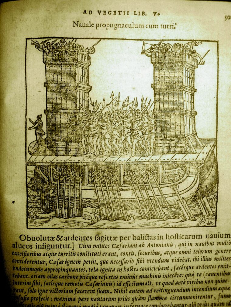 Floating siege towers from a 1607 Flemish edition of Roman historian Vegetius’s work.
