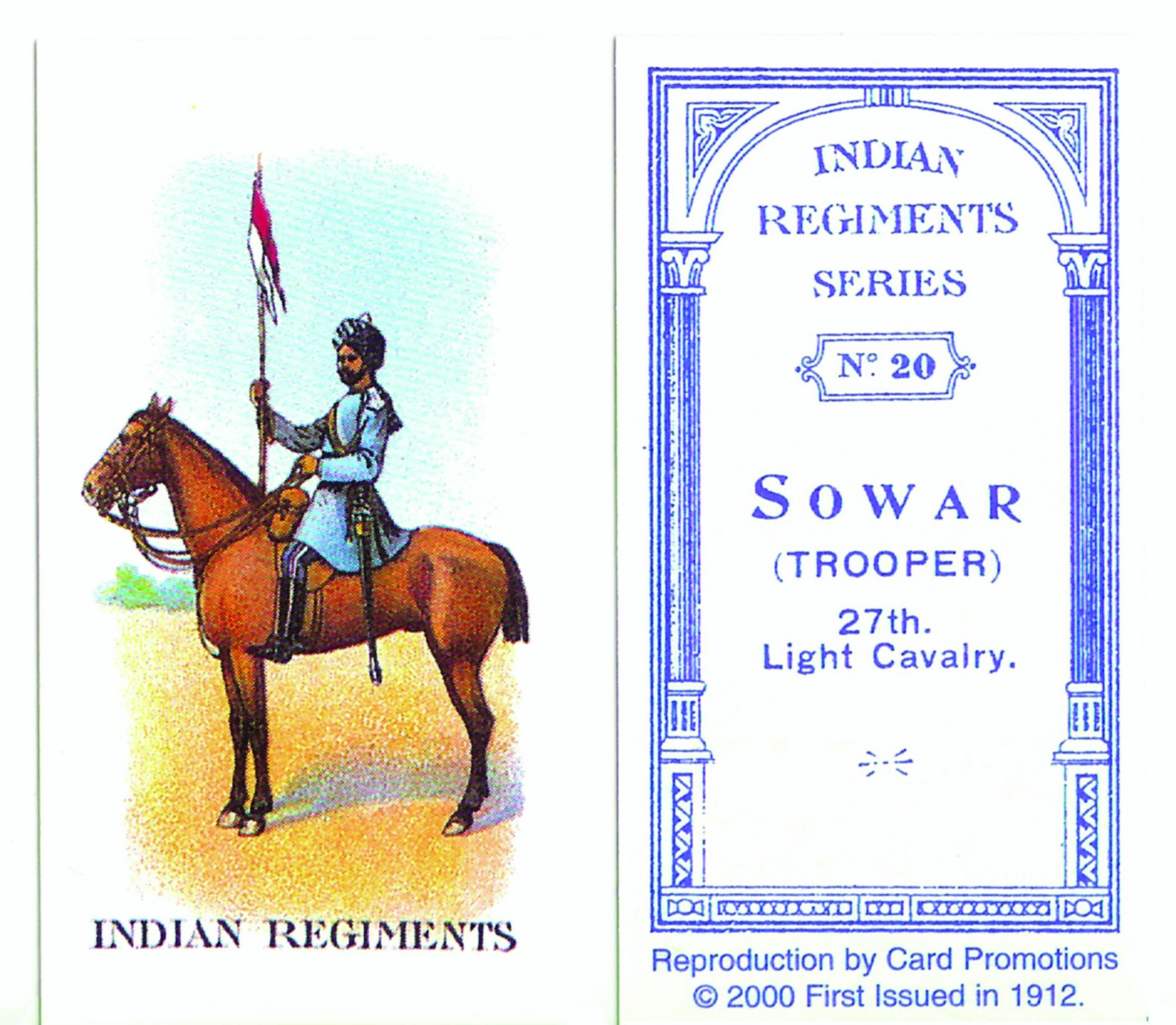 A modern reprint of a card originally dating to 1912, which was part of a series of 50 cards on the Indian Regiments. These reprints never appeared in packages of tobacco and lack some of the finer detail of the originals.