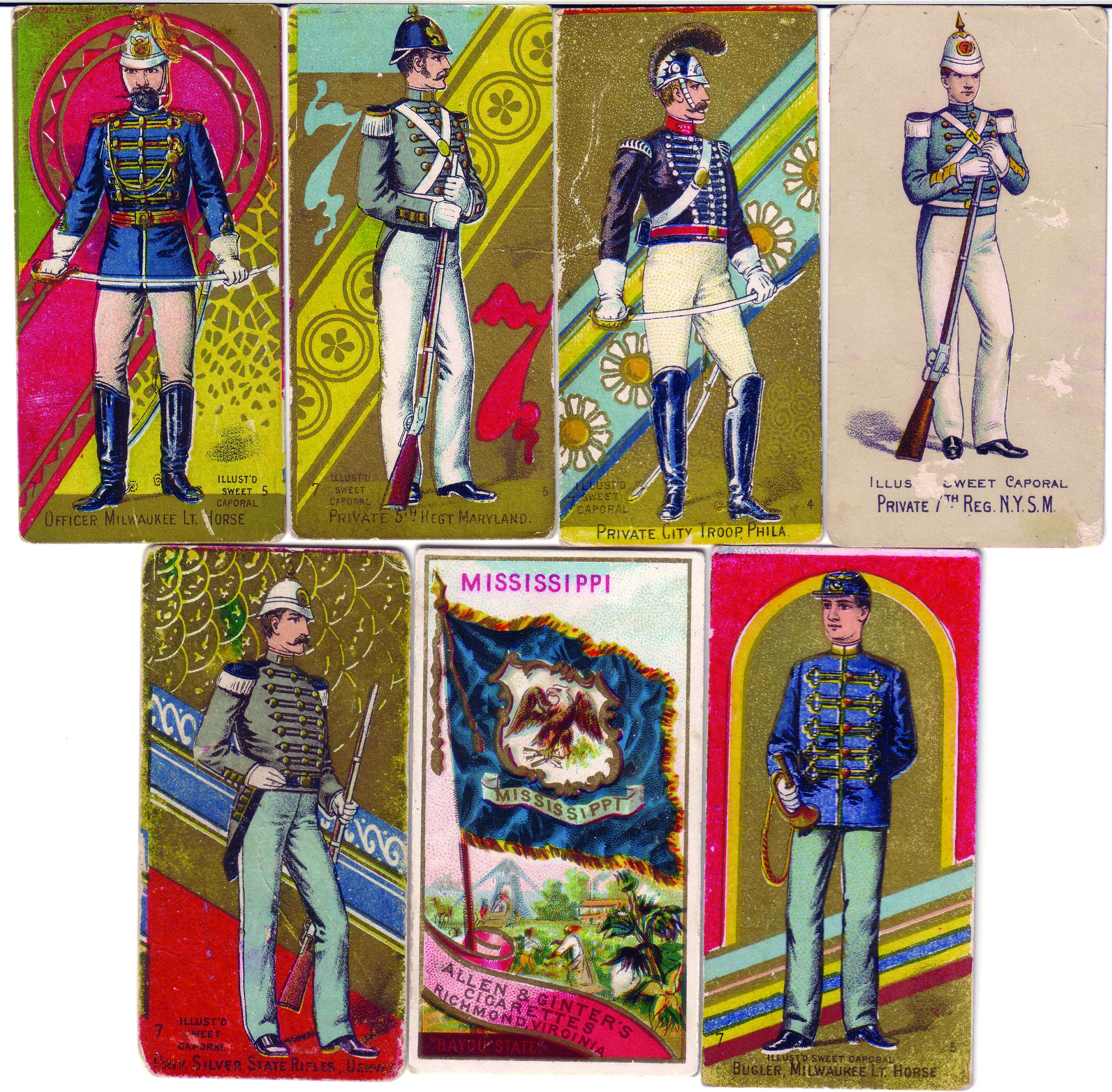 Examples of some of the very first military tobacco cards depict various state militia groups from just after the American Civil War. Shopkeepers gave these cards out with purchases of Kinney Tobacco. 