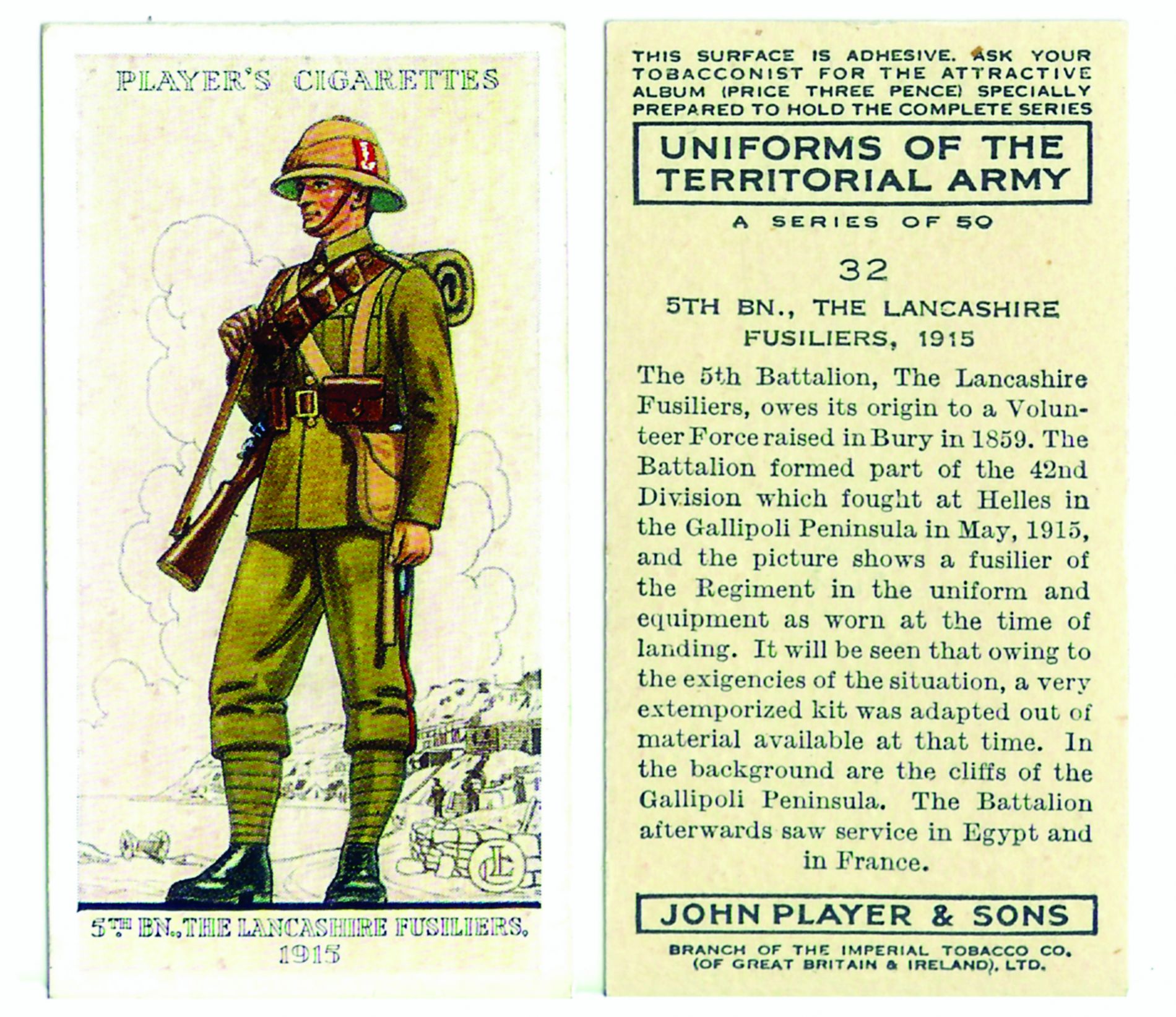 Issued in 1939 in packages of Player’s cigarettes, this card is from a set of Uniforms of the Territorial Army and was one of the final sets issued before rationing led to the banning of tobacco cards.