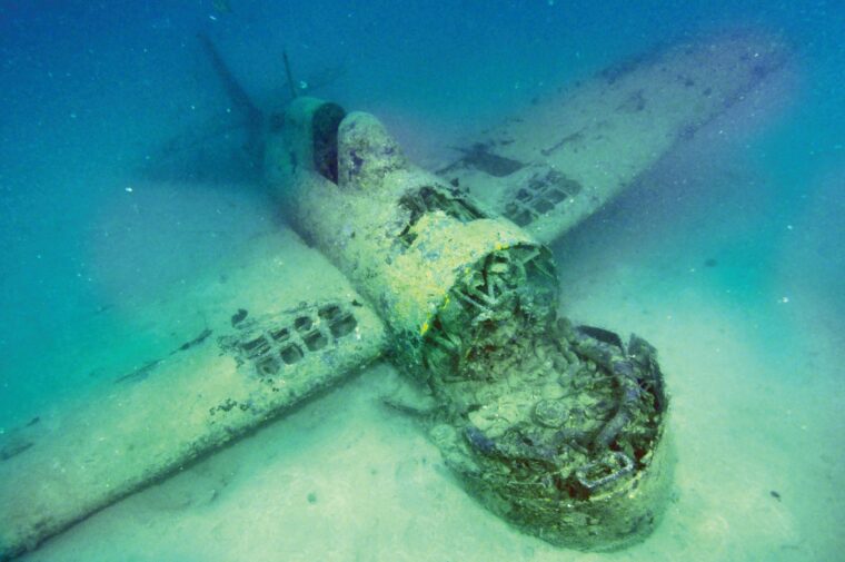 The submerged “Gavutu Wildcat,” a Grumman F4F fighter plane possibly flown by Lt. James E. Swett, a U.S. Marine Corps ace, during the aerial battles in the Solomon Islands during World War II.