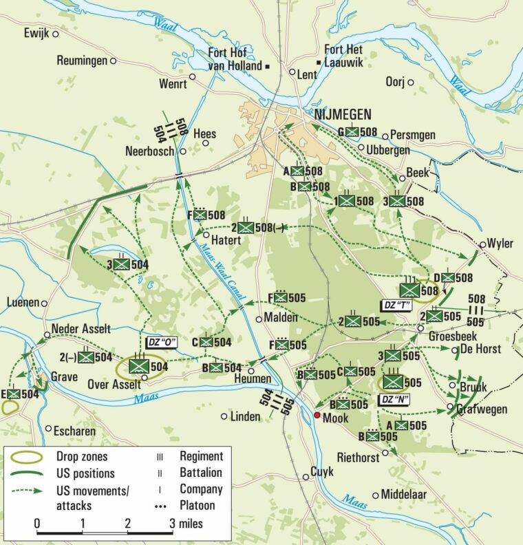 The villages of Mook and Reithorst—lower right, where elements of the 82nd Airborne Division under the command of General James Gavin encountered heavy German resistance—were in the south of the division’s operations area during Operation Market-Garden. 