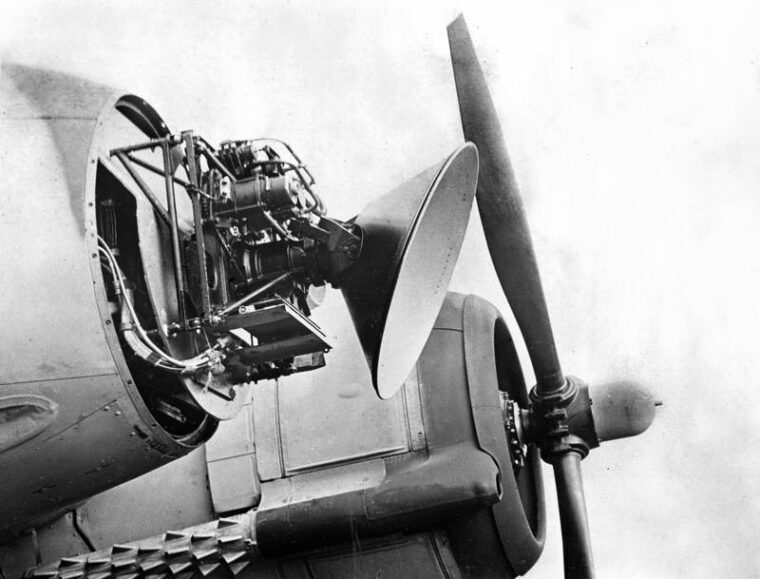 The AIM K VIIIA air interception radar apparatus mounted in the nose of a Bristol Beaufighter Mark VIF night fighter.