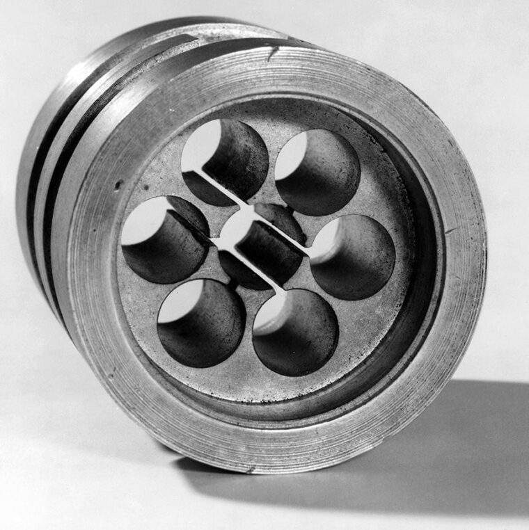 The anode block pictured here was developed for the original cavity magnetron and provided a great leap forward in the design of micrometer beam radar.