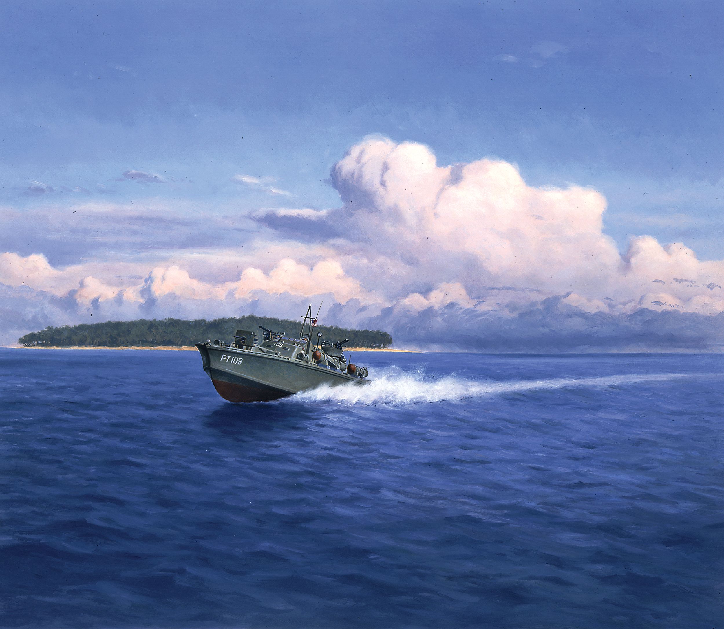 In this painting by artist Larry Selman, PT-109 streaks across the waters adjacent to the island of Guadalcanal in the Solomons. PT-109 was cut in half during a collision with the Japanese destroyer Amagiri.