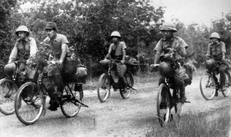 Japanese soldiers made use of bicycles as a reliable form of transportation during their advance toward Singapore. When the rubber tires went flat and could not be repaired, the resourceful troops rode on the rims.