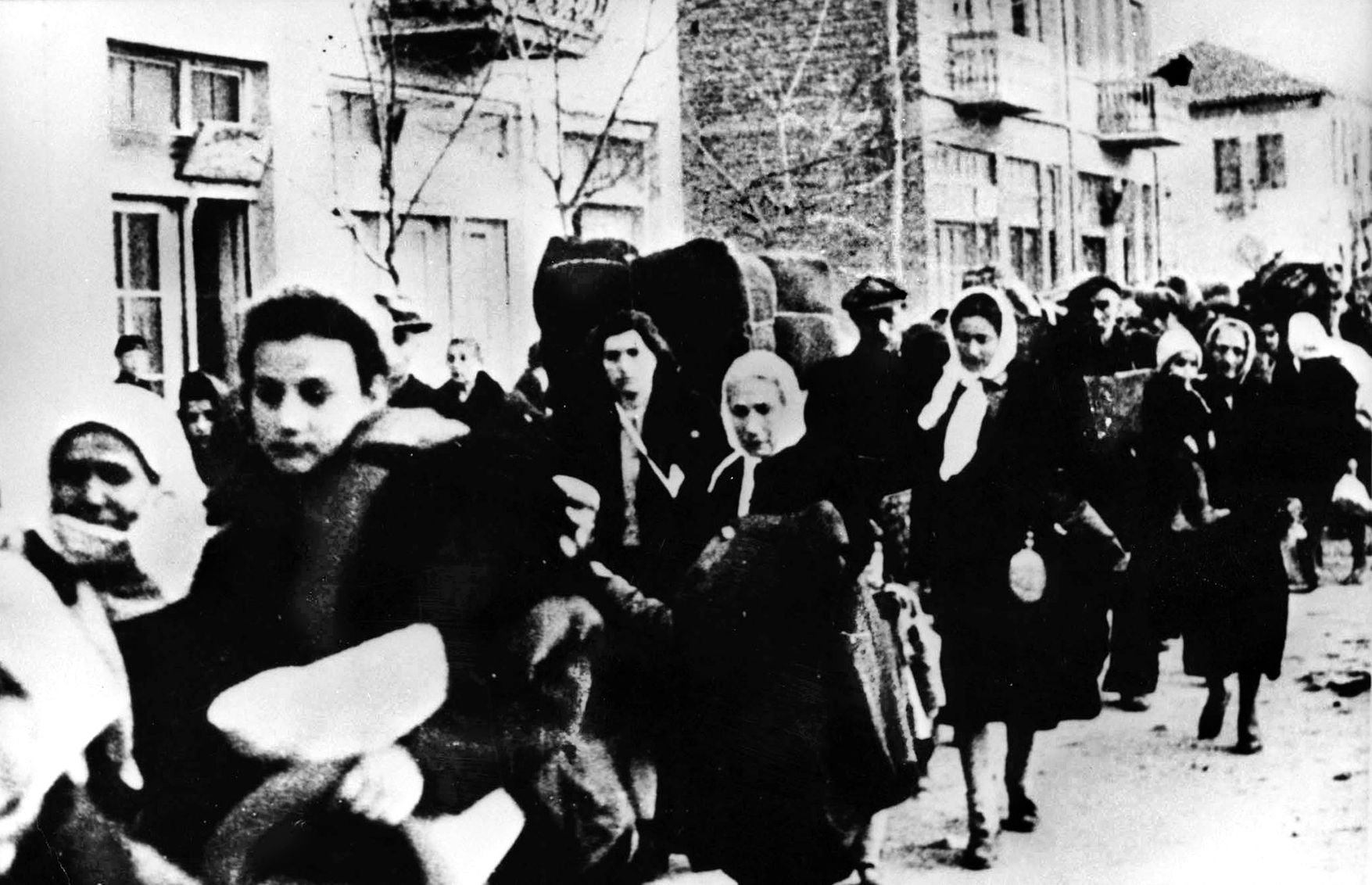 Jews being deported from Macedonia to the Treblinka Death Camp in occupied Poland, March 1943. A month earlier, Bulgaria signed an agreement with Germany to deport 20,000 Jews—from Macedonia and northern Thrace, which it had annexed in 1941, and from Bulgaria itself. It is estimated that only 200 Macedonian Jews survived the war.