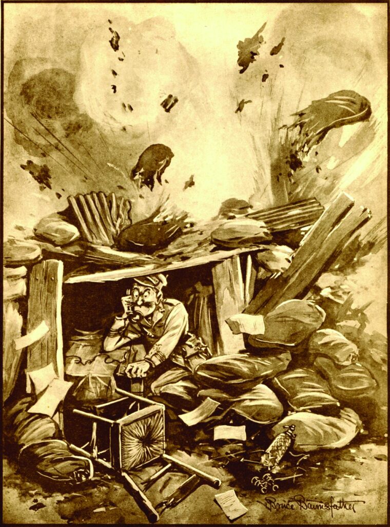 Bairnsfather’s drawing, “The Things That Matter,” during the fighting at Loos. Colonel Fitz-Shrapnel receives a message from headquarters: “Please let us know, as soon as possible, the number of tins of raspberry jam issued to you last Friday.”