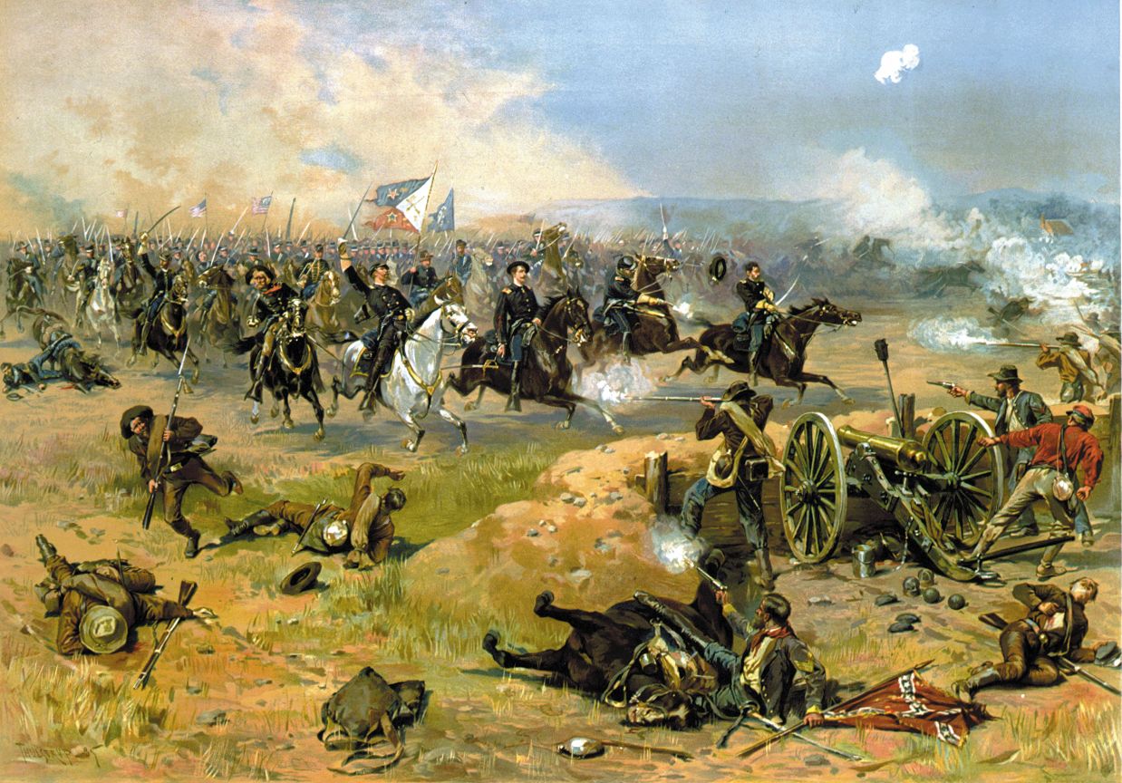 The Union cavalry’s final charge at Winchester in 1864. Lowell rides a white horse, with his sword raised. Custer is on his left and Captain Theodore Rodenbough is on his right.