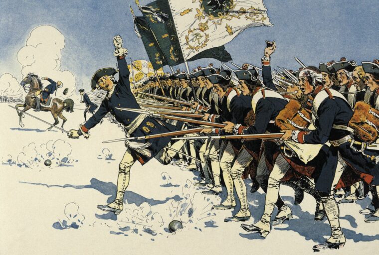 Displaying the disciplined valor that would become a national characteristic, Prussian troops advance into withering fire at the climax of the Battle of Mollwitz on April 10, 1741.