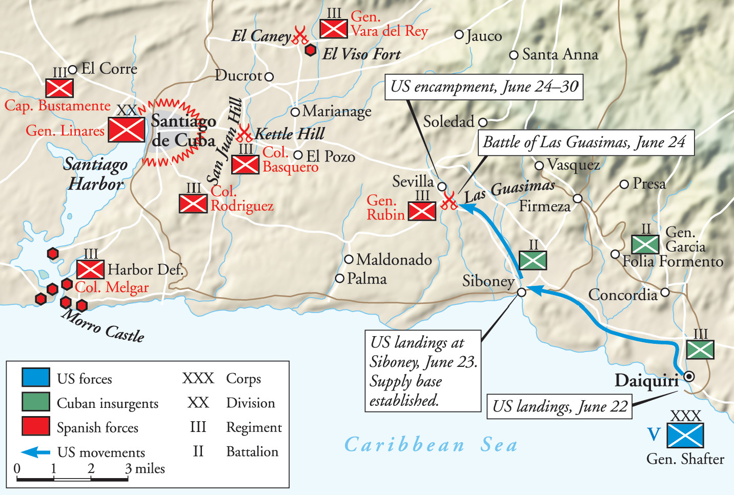 The American Army landed at Daiquiri, on the southern coast of Cuba, then moved west toward Santiago, where the main Spanish forces were centered.
