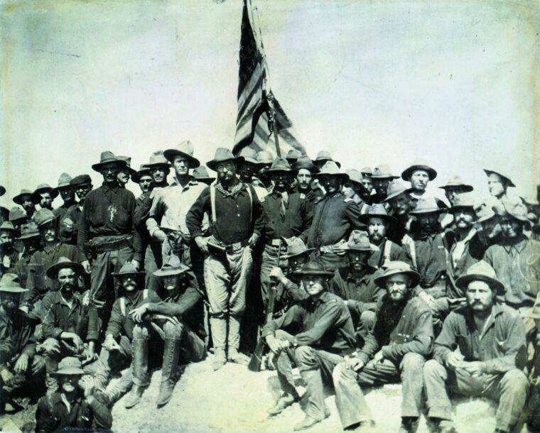 Roosevelt and his Rough Riders atop the hill they captured on July 1, 1898. This photo by William Dinwiddie made them all famous.