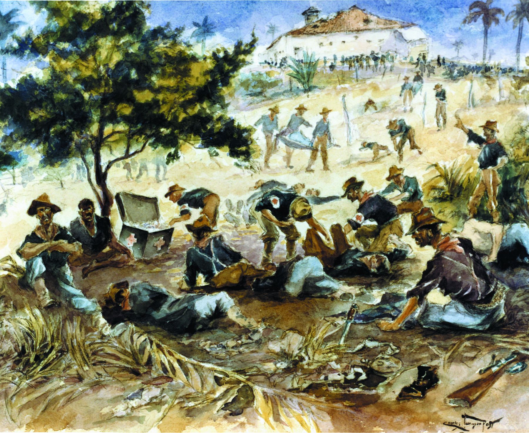 A field hospital behind the American lines. Painting by Charles J. Post.