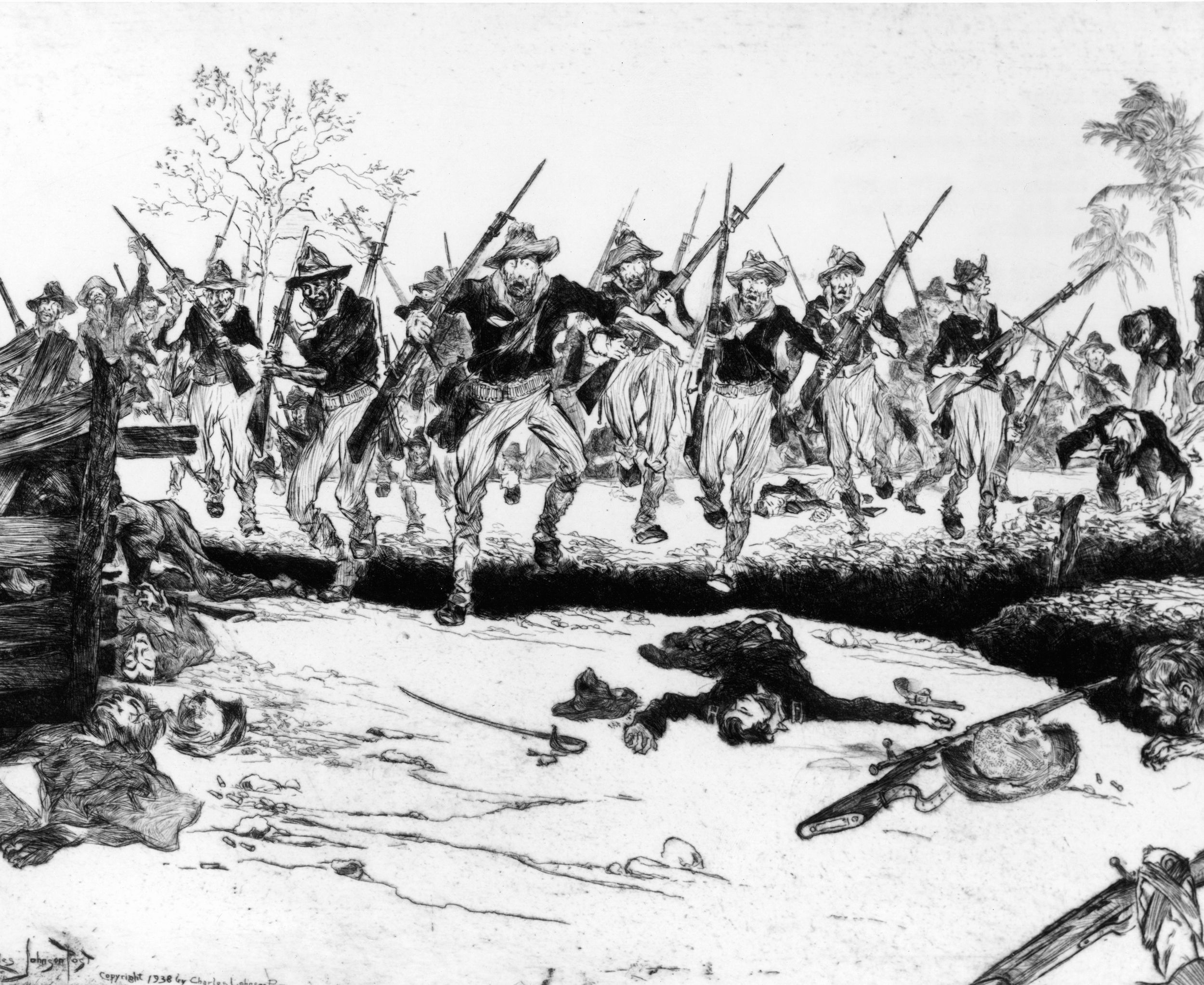Lieutenant Jules Ord fell mortally wounded while leading the 71st Infantry up San Juan Hill. Drawing by Private Charles J. Post.