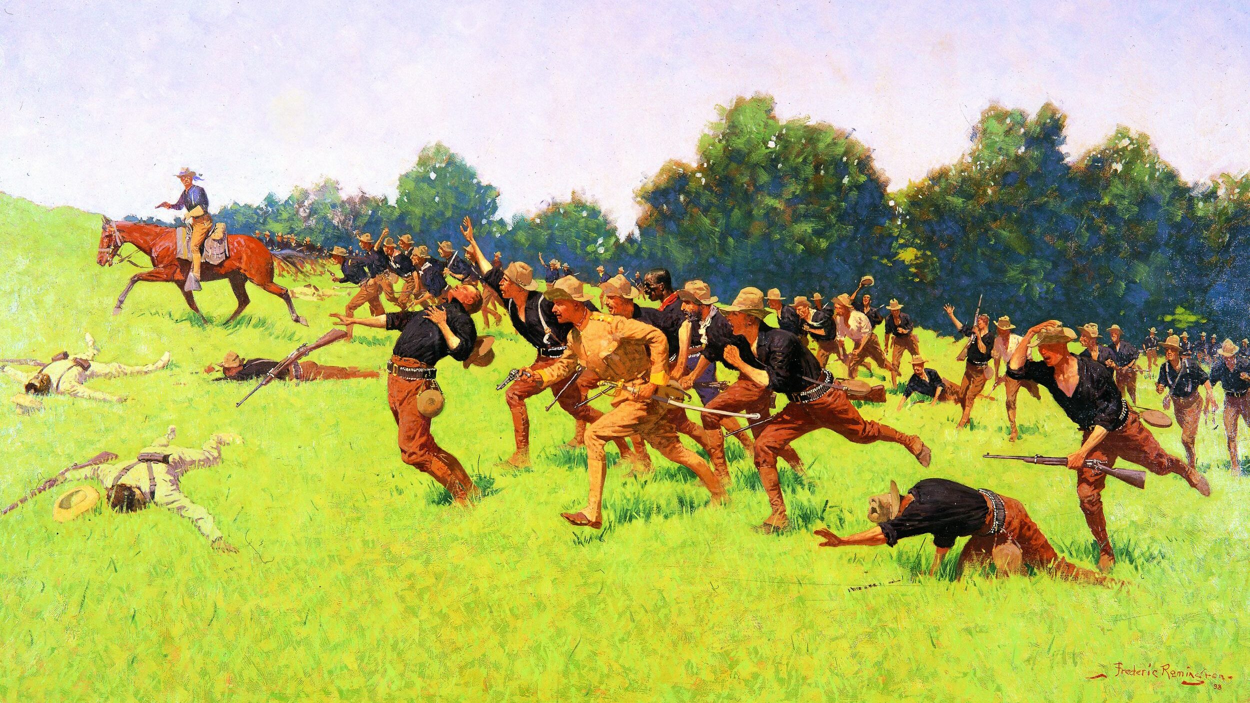 Western artist Frederick Remington’s romantic painting, Charge of the Rough Riders at San Juan Hill, did much to make Theodore Roosevelt famous. Courtesy Frederick Remington Art Museum, Ogdensburg, NY