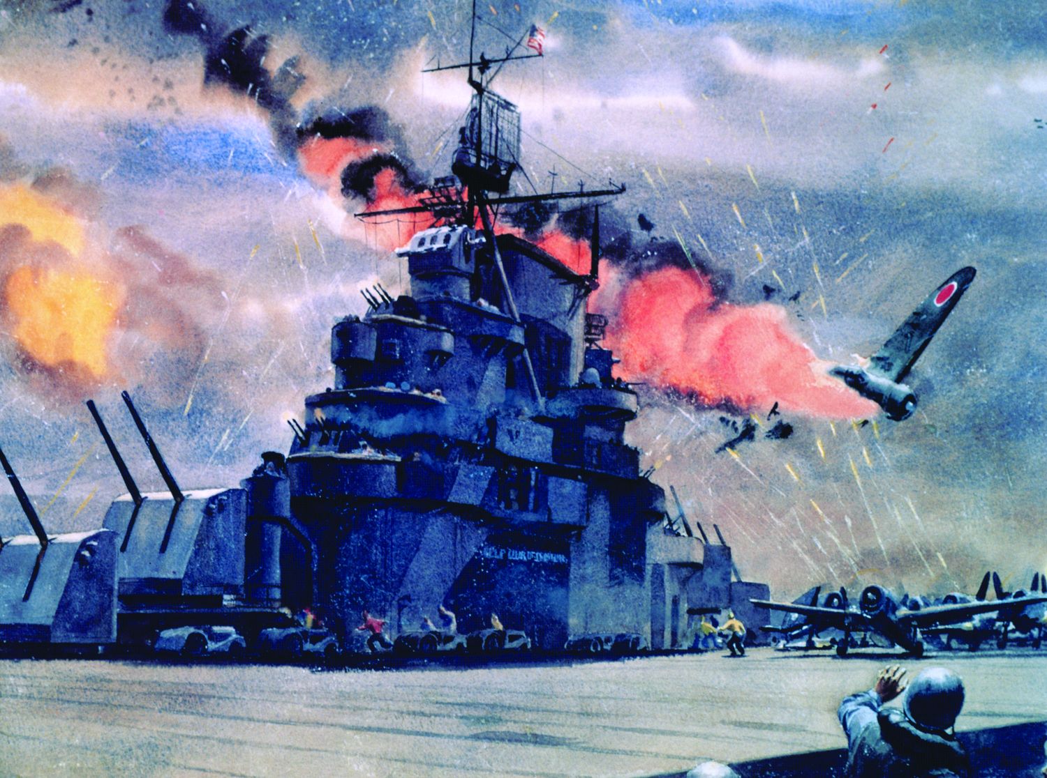 In the painting above by Dwight C. Shepler, a flaming kamikaze descends toward the flight deck of the aircraft carrier USS Bunker Hill. The carrier was hit by two kamikazes on May 11, 1945, off the coast of Okinawa.