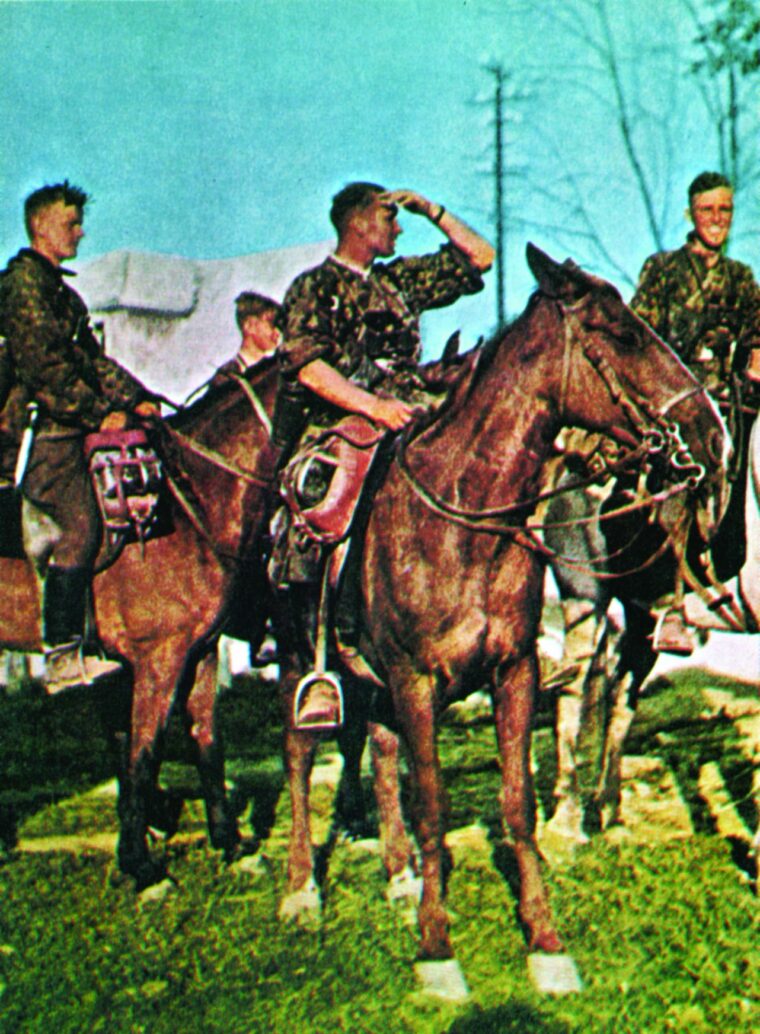 Waffen SS cavalrymen, members of one of two regiments that were formed into a brigade in the summer of 1941, appear cheerful and relaxed astride their mounts.
