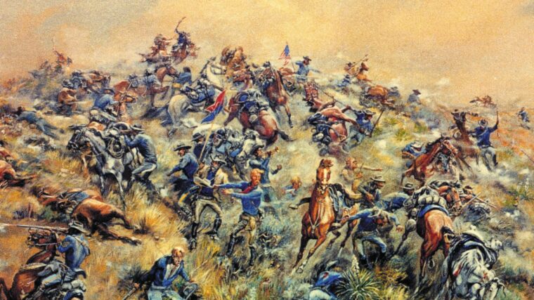 General George Custer’s 7th Cavalry prepares to make its final stand against Sioux and North- ern Cheyenne warriors at the Battle of the Little Bighorn. Painting by artist J.K. Ralston.
