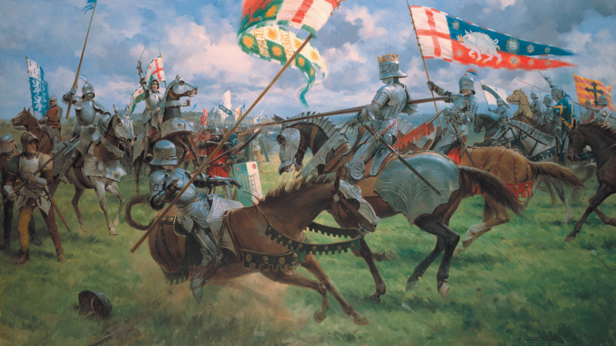 A golden crown atop his helmet, Richard III impales Henry’s standard bearer, William Brandon, with his lance at the climax of the Battle of Bosworth Field. Painting by noted military artist Graham Turner.