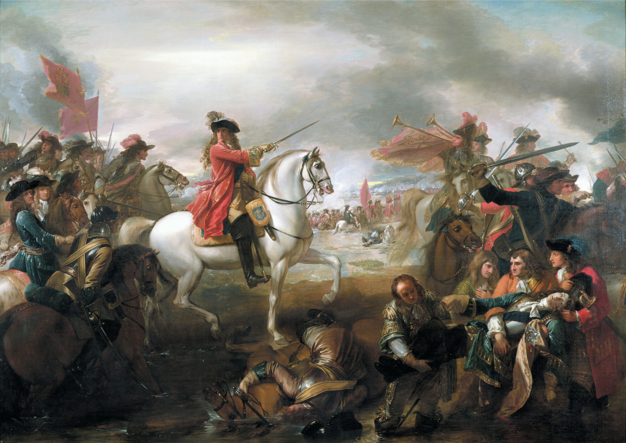 Resplendent atop a white war horse, William III leads his expeditionary force against his deposed uncle, King James II, at the Battle of the Boyne in this 18th-century painting by Benjamin West.