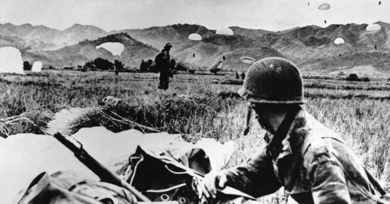 French Foreign Legion reinforcements parachute into Dien Bien Phu on March 16, 1954, two weeks before the massive Communist assault on the main camp.