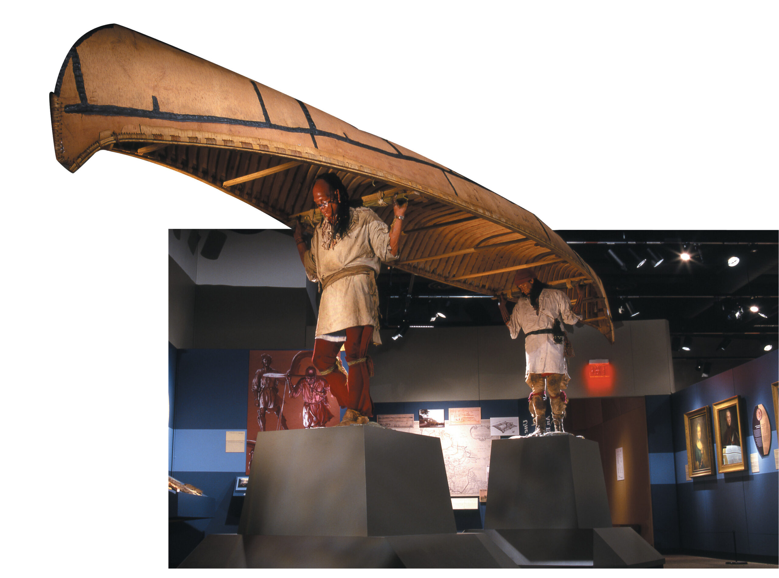 The result of close cooperation with several American colleagues, this piece shows a Mohawk and French Canadian portaging their canoe. The replica was made using original techniques and materials.