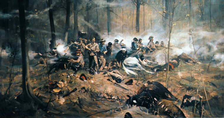 With the rising Shangani River behind them, Major Allan Wilson and his 32 hard-pressed troopers make a desperate last stand against King Lobengula’s 1,000 Matabele warriors in southeast Africa.