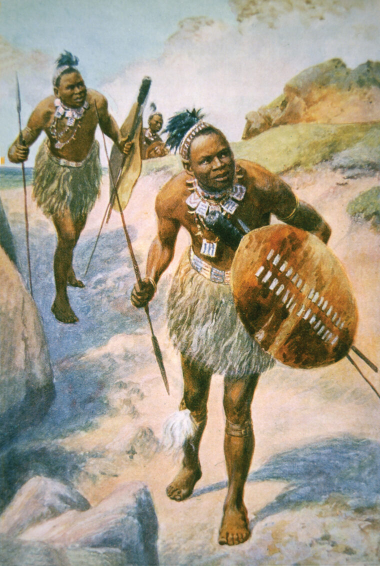 Armed with their traditional spears and shields, Matabele warriors, like their Zulu cousins, were trained from childhood to hunt and fight.