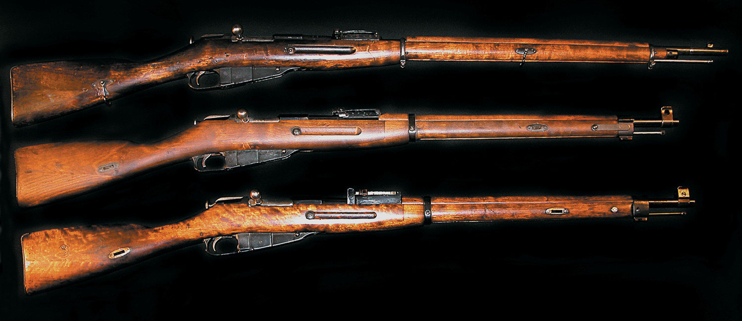 Three Mosin Nagant rifles include a Russian Model 91 (top), a Finnish Army Model 27 (middle), and a Finnish Civil Guard Model 28-30.