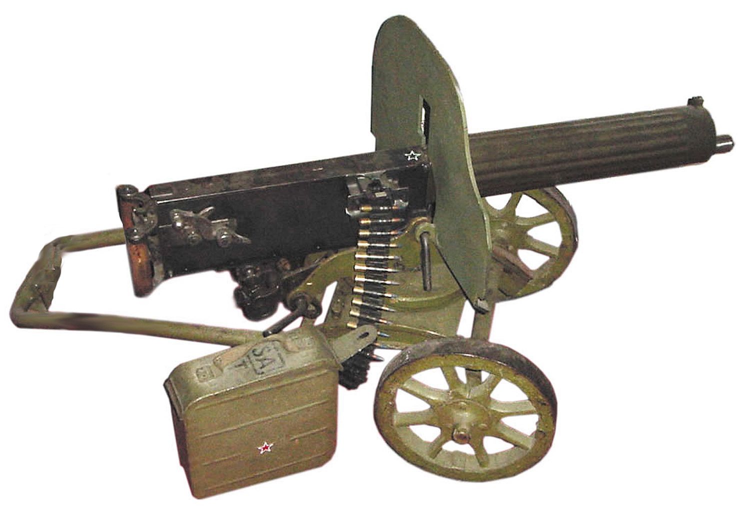 Nonfiring Maxim Model 1910 machine gun on a wheeled Soklov mount.