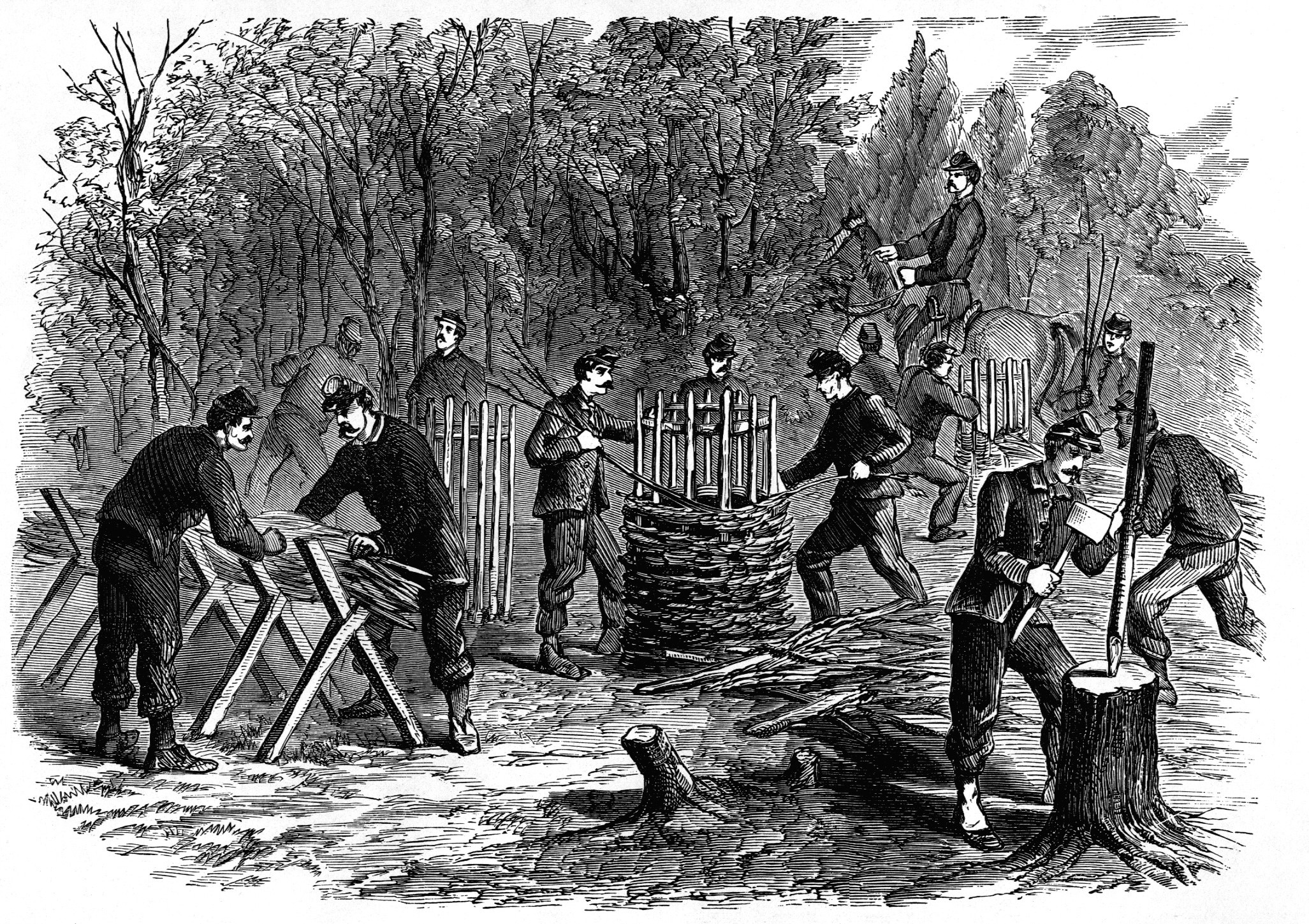 Men of the 77th Pennsylvania Regiment construct fascines and gabions for breastworks.