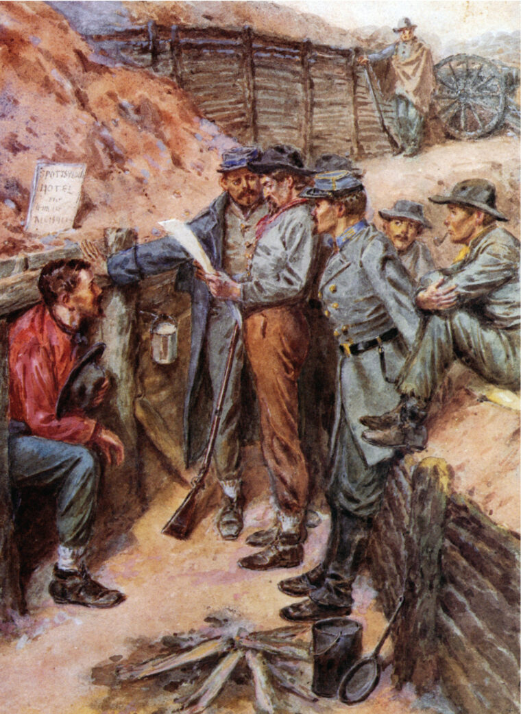 A group of Confederate soldiers study a  news- paper at Petersburg in a painting by Confederate veteran William Sheppard.