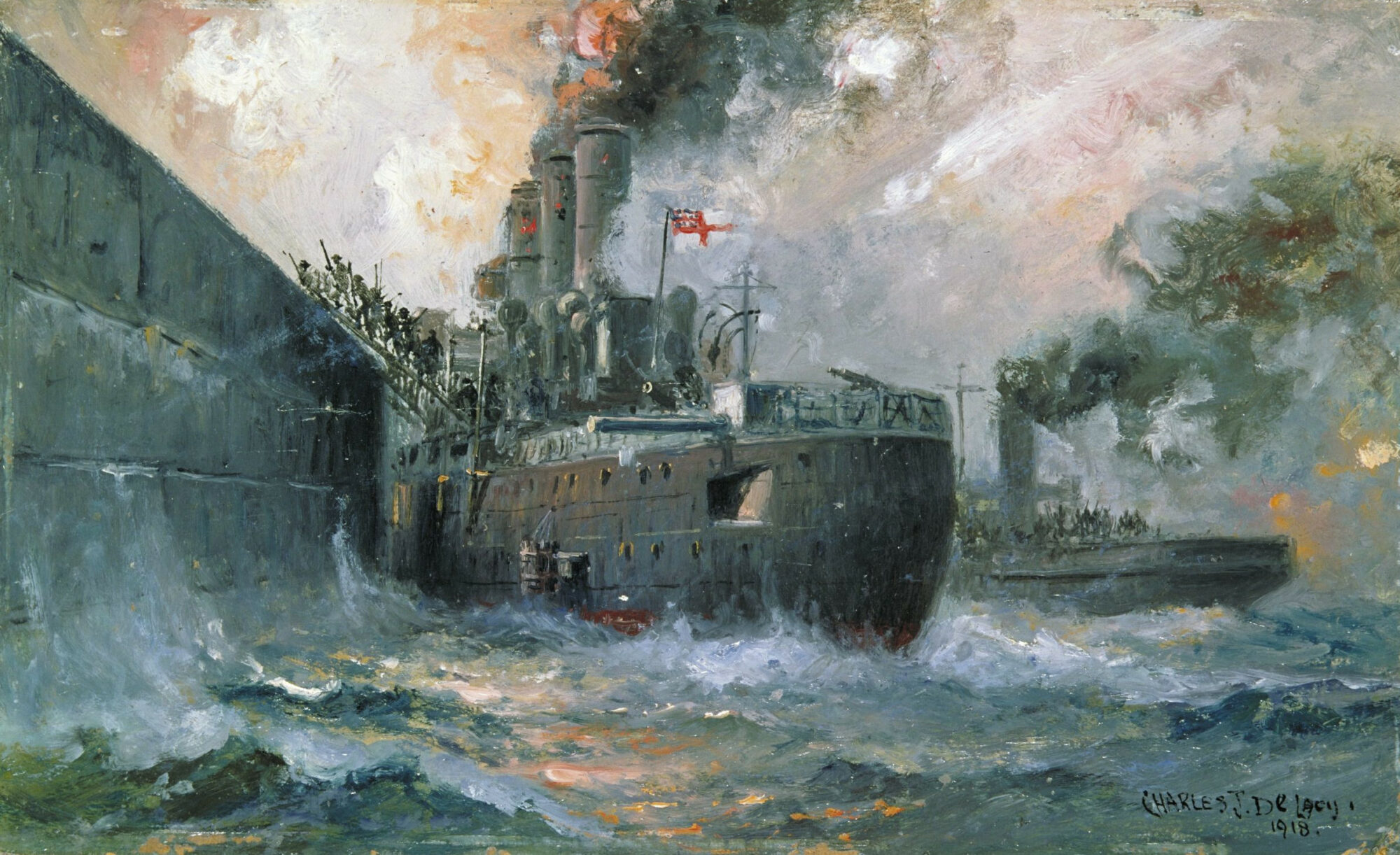 The Liverpool ferryboat Daffodil rides alongside the cruiser Vindictive as Royal Marines disembark the cruiser’s battered decks in this painting by Charles J. de Lacy.