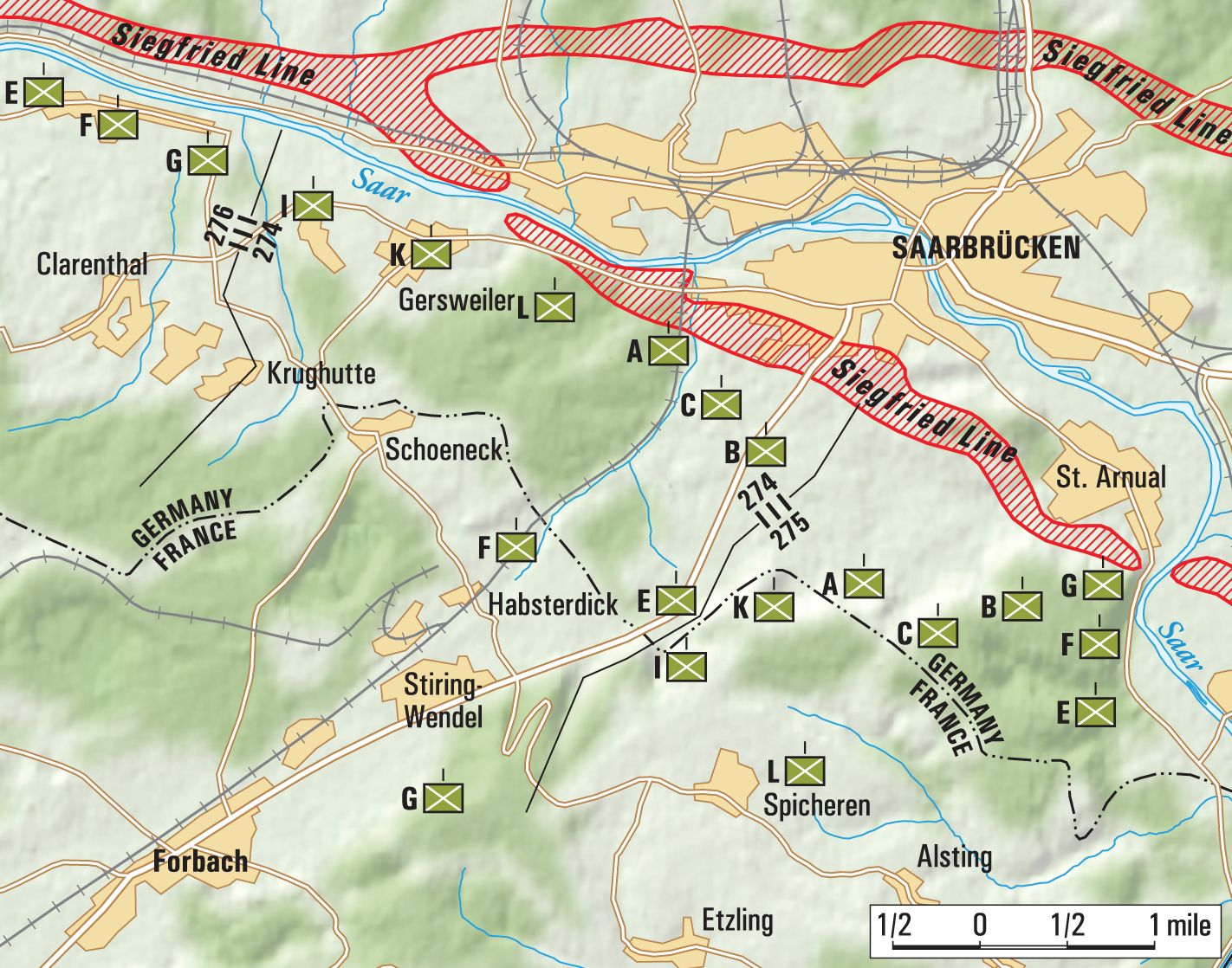 The 70th “Trailblazers” Infantry Division approached Saarbrücken from the southwest through the towns of Gersweiler, Schoeneck, Habsterdick, Stiring-Wendel, and St. Arnual. 