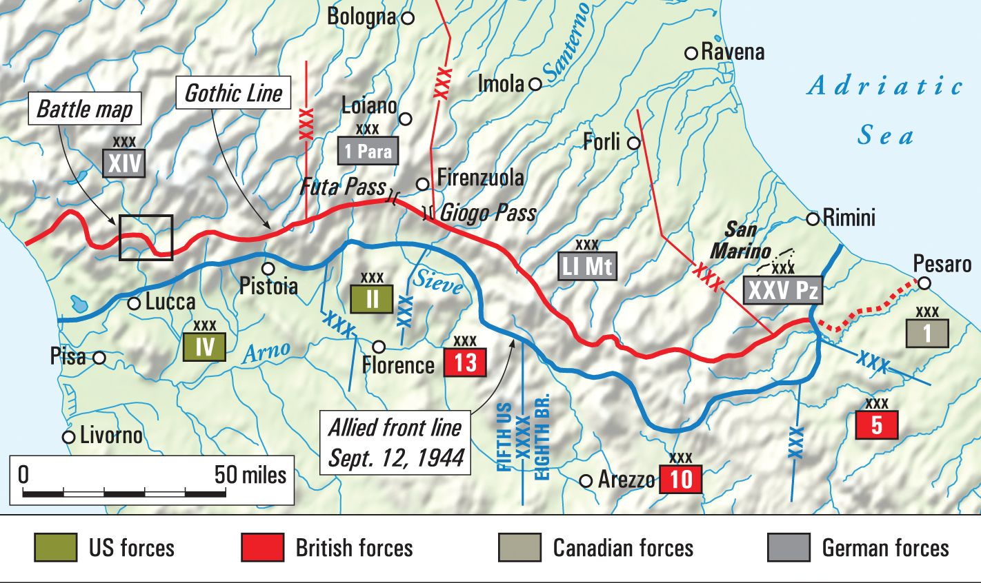 The Germans’ “Gothic Line” defenses stretched the width of Italy. The 92nd Division was positioned along the far western end.