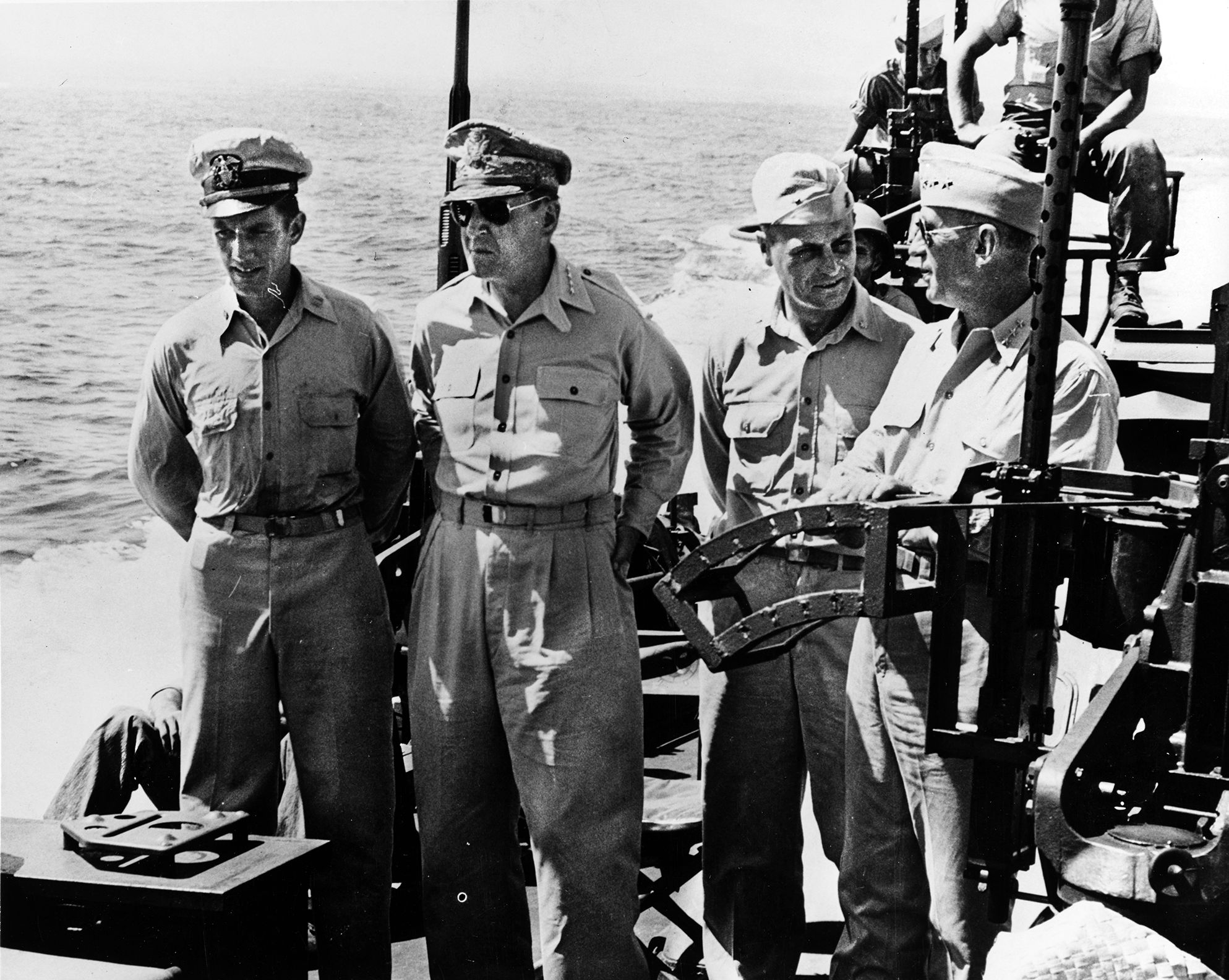 General Douglas MacArthur (second from left) is taken by PT-525 to Tacloban, Leyte, for liberation ceremonies on October 24, 1944.