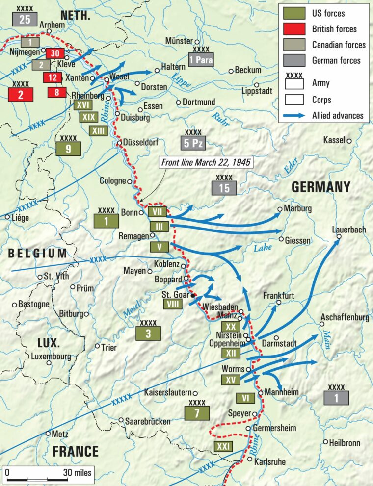 The American divisions of the First, Third, and Seventh Armies made a broad-front crossing of the Rhine a day before Montgomer’s 21st Army Group, which included Simpson’s Ninth U.S. Army, began their crossing. 