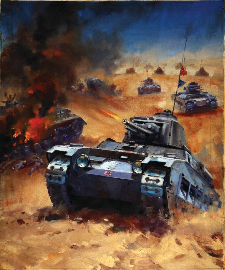 In this painting by British war artist W. Krogman, Matilda II tanks rush past the burning hulks of German armor and fire their guns at distant targets. The Matilda in the foreground is emblazoned with a Union Jack on its hull.