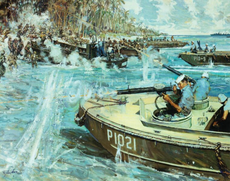 This stirring image titled “Douglas A. Munro Covers the Withdrawal of the 7th Marines at Guadalcanal”was painted by artist Bernard D’Andrea for the observance of the bicentennial of the United States Coast Guard.