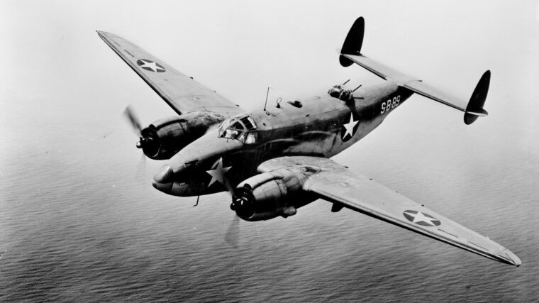 A Lockheed PV-1 Ventura bomber is shown in flight in the Solomon Islands. During the early days of the Solomons campaign the Ventura was modified to serve as a night fighter with the squadron based at Guadalcanal’s Henderson Field.