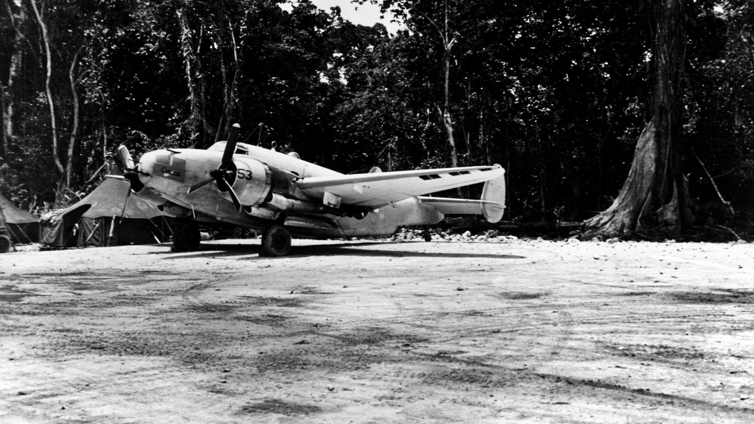 The nose of this Lockheed Ventura night fighter has been modified to accommodate airborne radar and four additional .50-caliber machine guns. This photo was taken as the Ventura of VMFN-531 sat on the landing strip at Vella Lavella in the Solomon Islands on January 13, 1944.