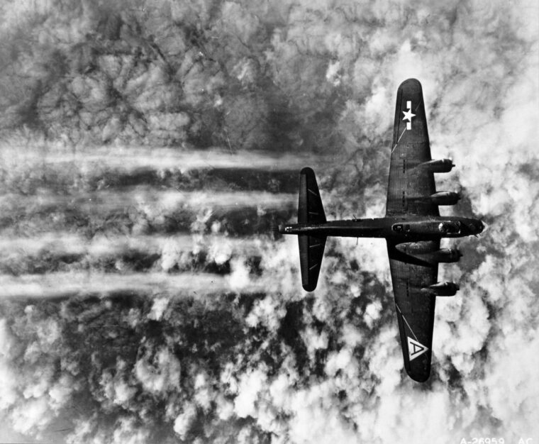 A Boeing B-17 Flying Fortress heavy bomber of the U.S. Army Air Forces makes a bombing run over the city of Osnabruck, Germany, during World War II. When the B-17 was introduced, many observers considered it too expensive. However, the bomber was a workhorse in the European theater as army air power evolved during the war years.